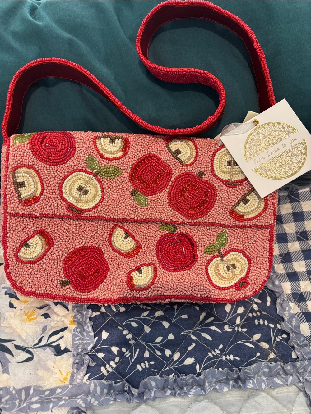 Beaded Red Apple Motif Shoulder Bag
